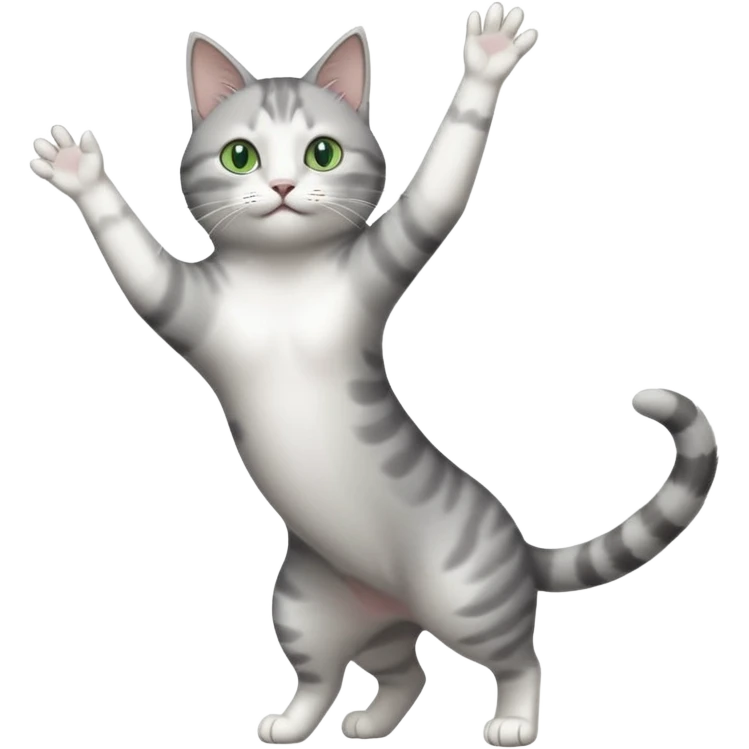 grey and white cat with green eyes doing a big long stretch reaching up into the air with arms and legs side by side together emoji