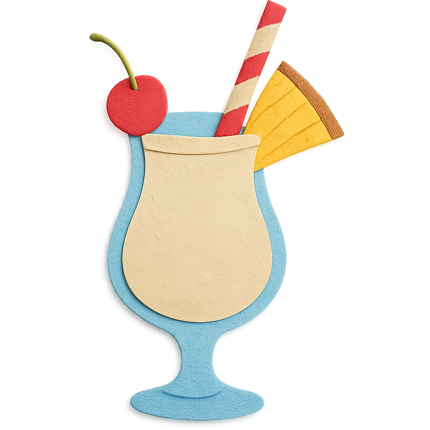 pina colada glass with a cherry, pineapple wedge, and paper straw, vibrant colors in paper-craft style emoji