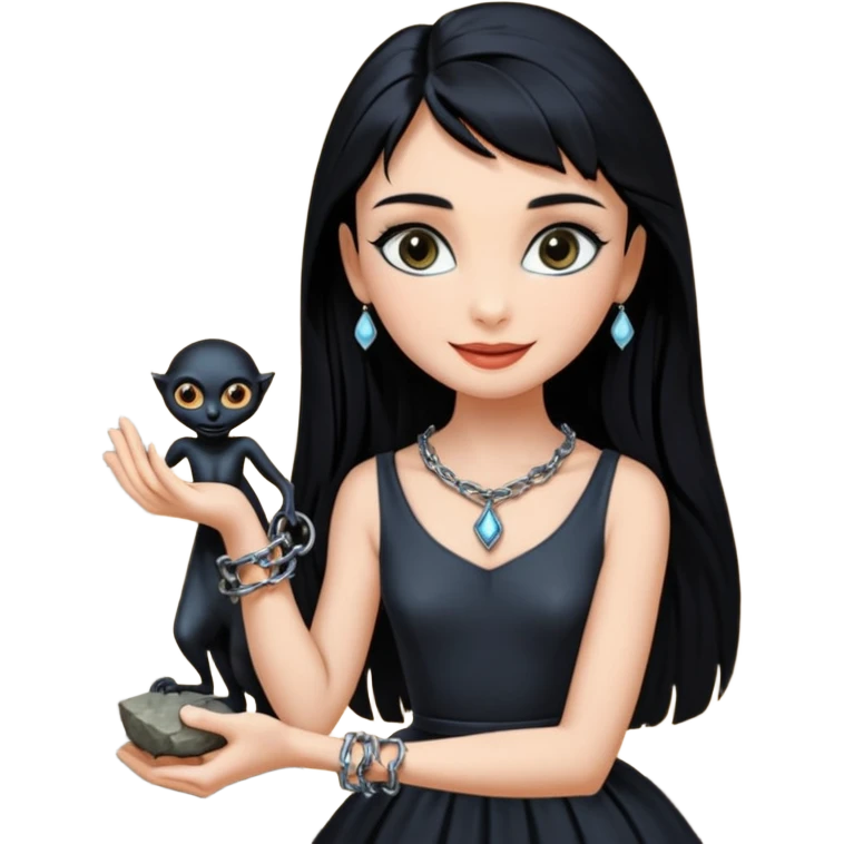 Smiling Witchy-mannered smoky-evil-eyed real Audrey Hepburn cleopatra Anubis conjuring Protecting silky black-haired tiny chained-adorned statuette-scale dessert scenery stone-age cracked ancient antique  emoji