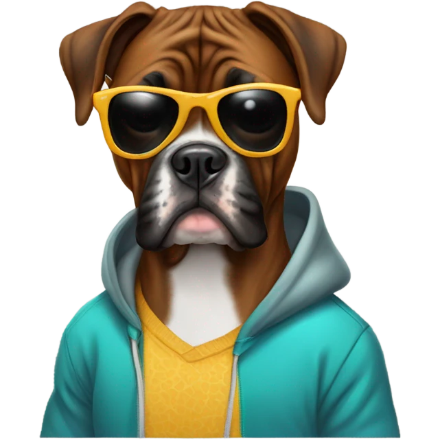 Brindle boxer dog in sunglasses and hoodie emoji
