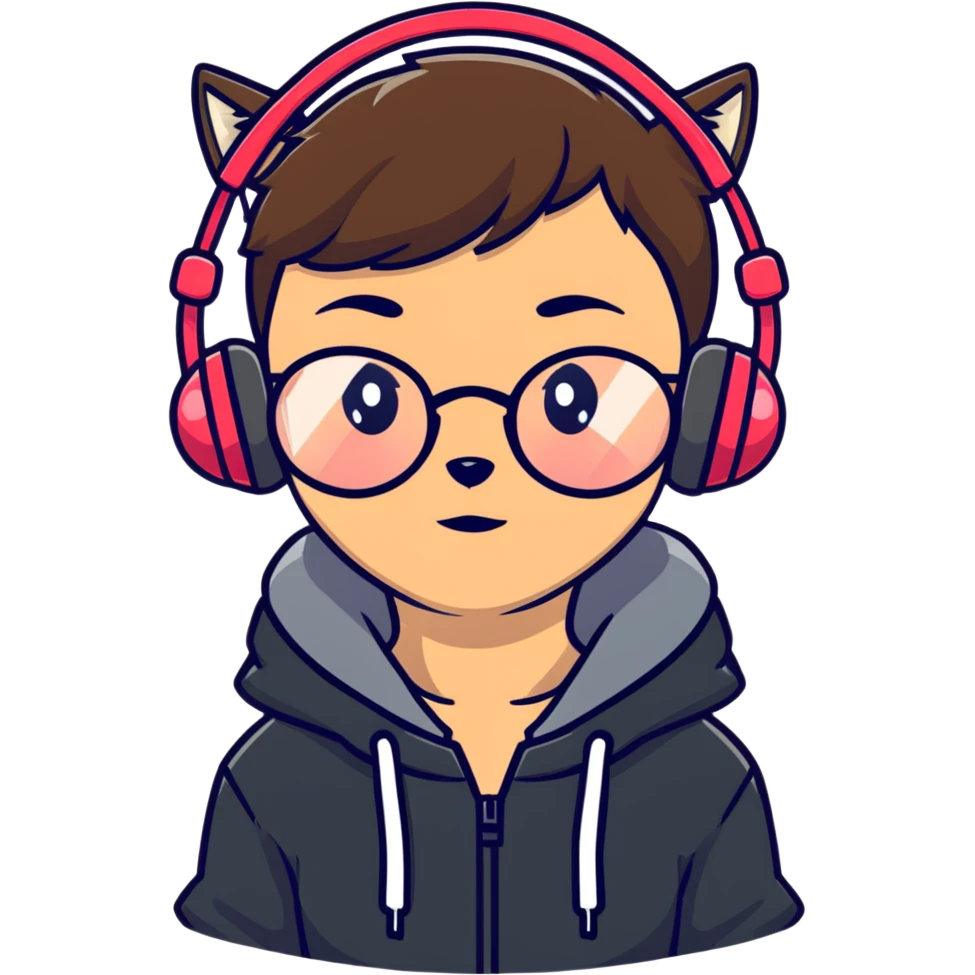 tan brunette girl with a short wolf haircut, round ruby glasses, black headphones, and a black hoodie emoji