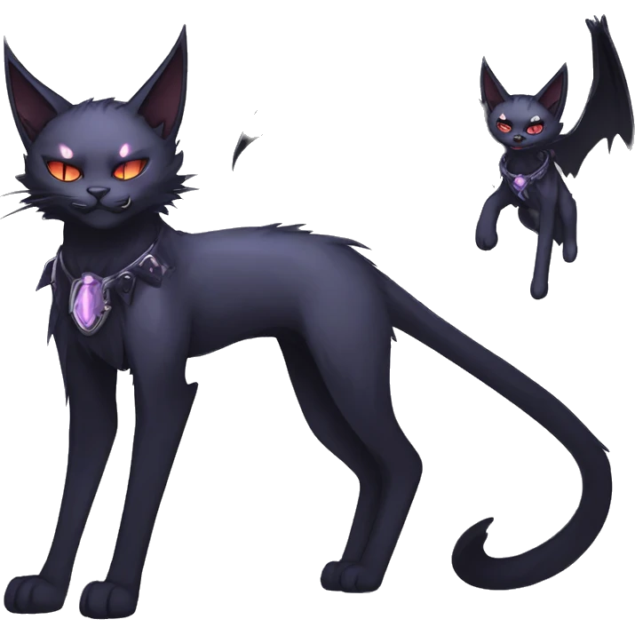   cool edgy beautiful anime-style ethereal dark-punk-themed animal vampiric cat-hybrid Fakemon with fangs and bat-wing-ears with a collar full body emoji