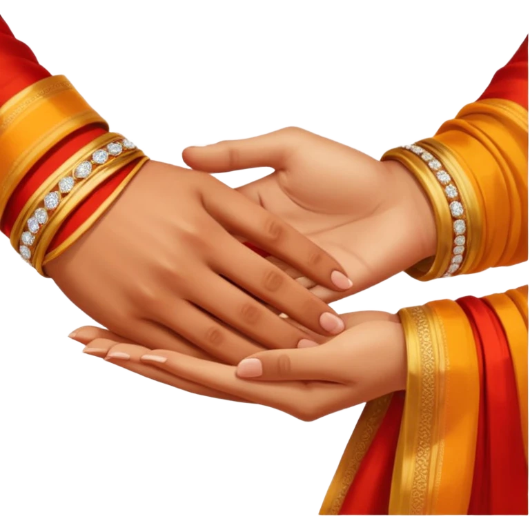 Two hands in a engagement..One hand of groom and one hand of bride. Bride hand - red/yellow saree. groom- light orange punjabi (oonly hands will be visible in the image) emoji
