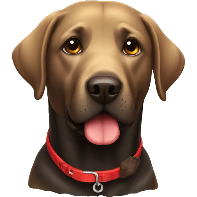 A black dog labrador with a red collar next to poo emoji