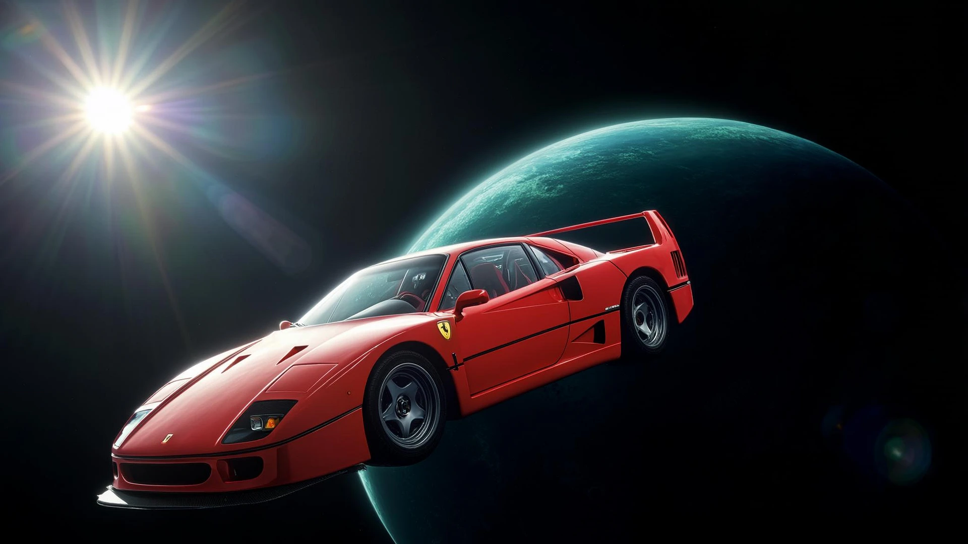 Cinematic still of a ferrari f40 floating in space, shot by space camera connect to spaceship, sun flare, big earth in background, captured by gopro emoji
