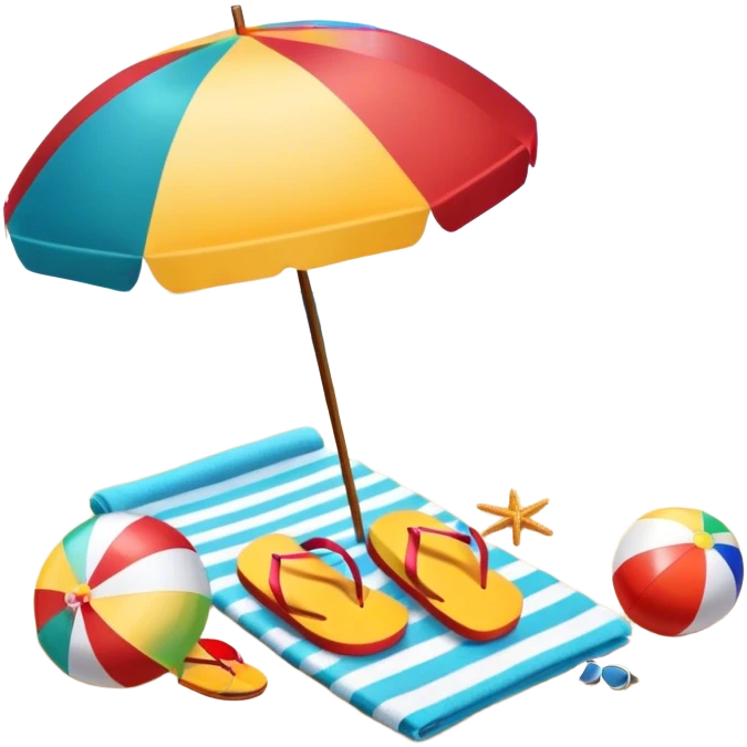 Icon for Beach Tourism: a sandy beach with a beach umbrella, with the ocean landscape in the background, flip-flops, a towel and a beach ball. The icon should capture the relaxation and fun of beach vacations. Transparent background. emoji