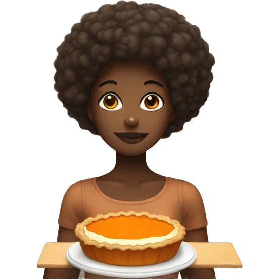 Black girl with short Afro eating a slice of pumpkin pie emoji