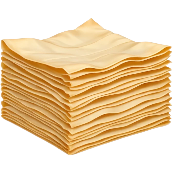 stack of ultra-thin rectangular phyllo dough sheets with wavy edges, soft beige color, top sheet lifted or curled showing delicate translucent texture, dry smooth surface with creases, clean 3D rendering, soft shadows, transparent background, emoji scale emoji