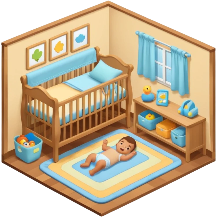 isometric baby room, Crib beside toy shelf and rug emoji