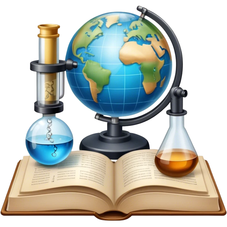 Icon for Scientific and Educational Reading: an open book with mathematical formulas, a microscope, a test tube, and a globe. The icon should represent the curiosity and knowledge found in scientific and academic books. Transparent background. emoji