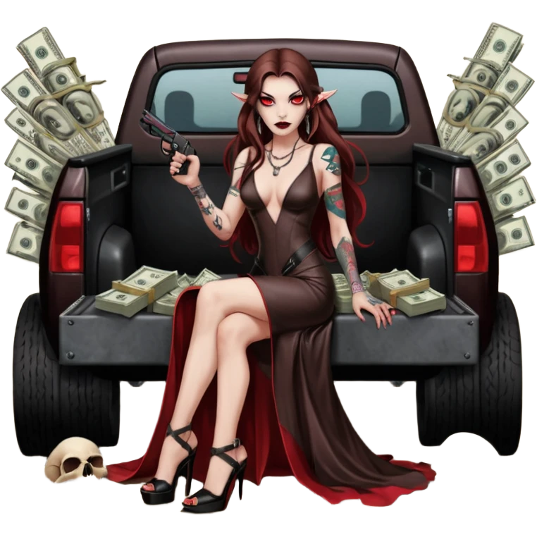 Lilith symbol red eye seductress evil long brown haired sexy succubus woman with leather long dress with slit, sitting in Big Large F350 pickup truck. Black Platform high heels on feet. Tattoo sleeve arms, seat full of stacks of cash, and a man dead human skull of her enemies and a gun in other hand emoji