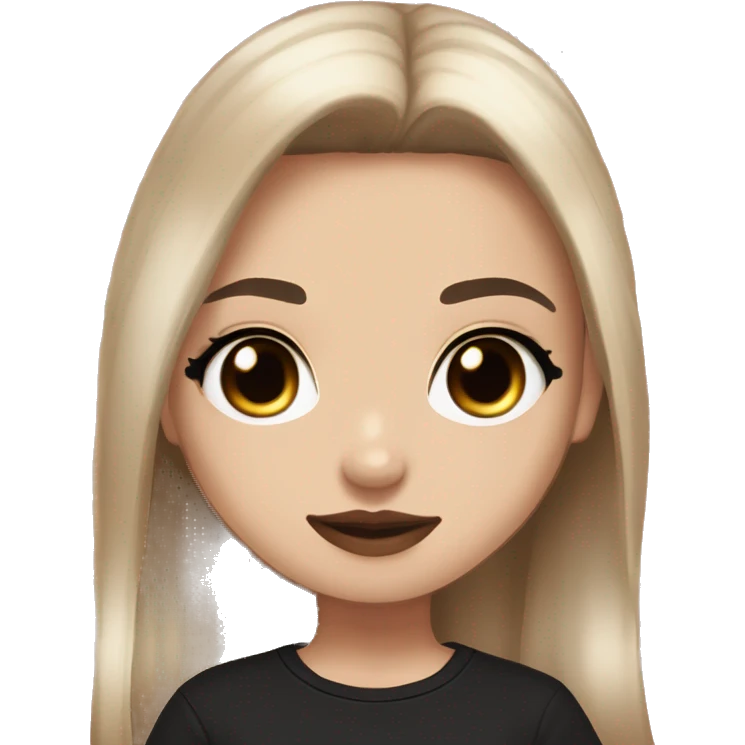 Slavic girl, light skin, goth eyes makeup, pink beige lips, brown eyes, long black-to-blonde ombre straight hair, black T-shirt, chibi, smiling. emoji