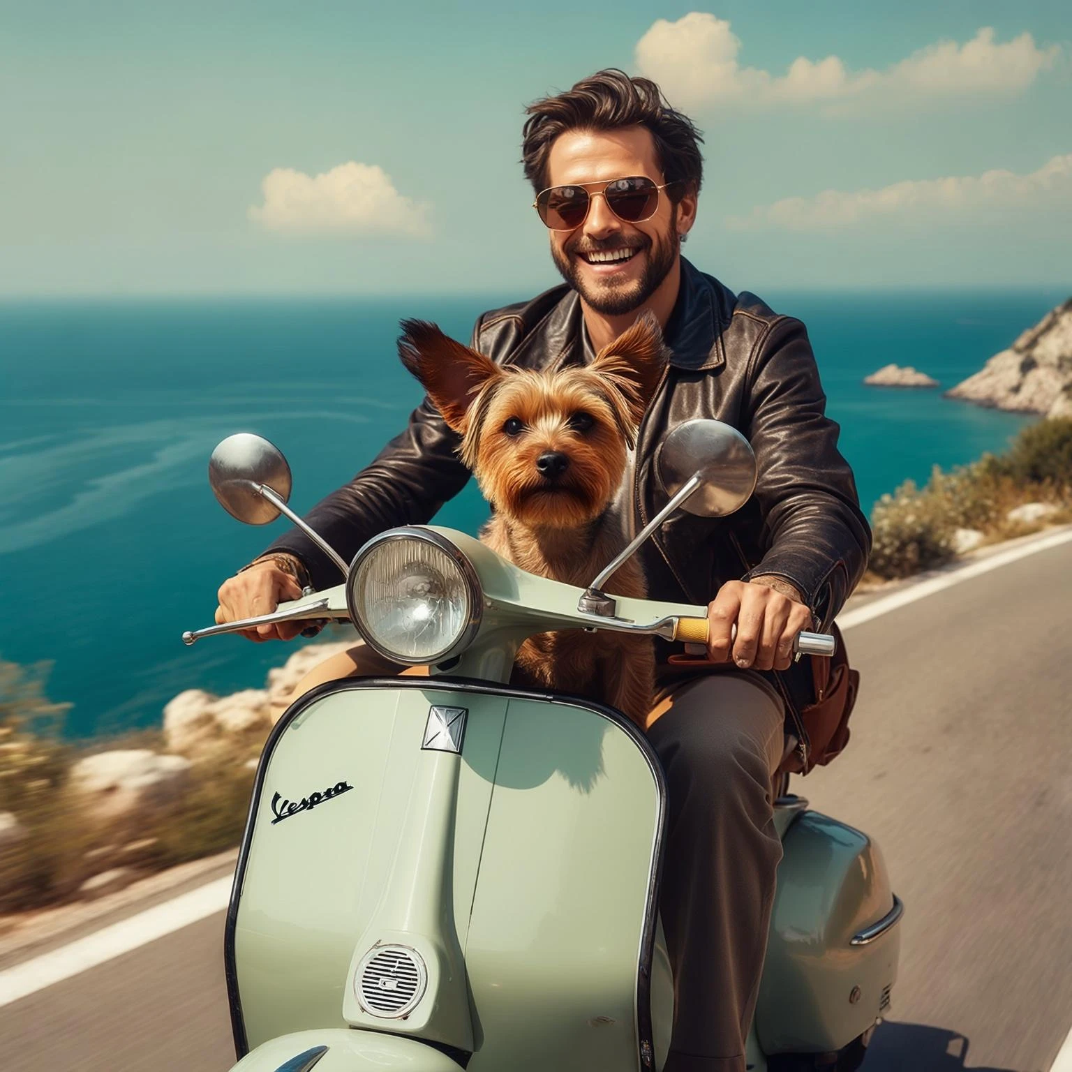 man and his pet dog riding a vespa emoji