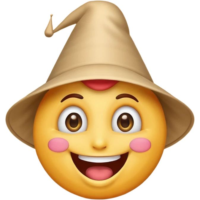 A crazy, laughing emoji with a funnel hat on its head. Exaggerated wide smile, big expressive eyes, playful and silly expression. Cartoon style, clean lines, bright colors, simple background, emoji-style illustration, high quality, centered composition emoji