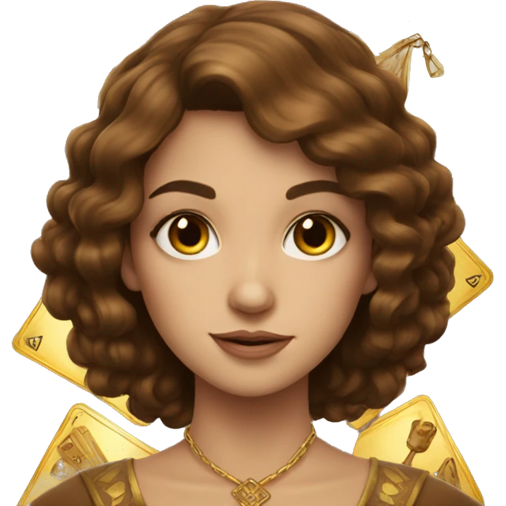 Brown hair beautiful girl with brown tarot gold cards emoji