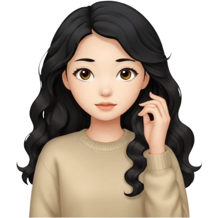 Beautiful girl,Black hair, wavy long hair,Black eyes,Chinese, beige sweater  emoji