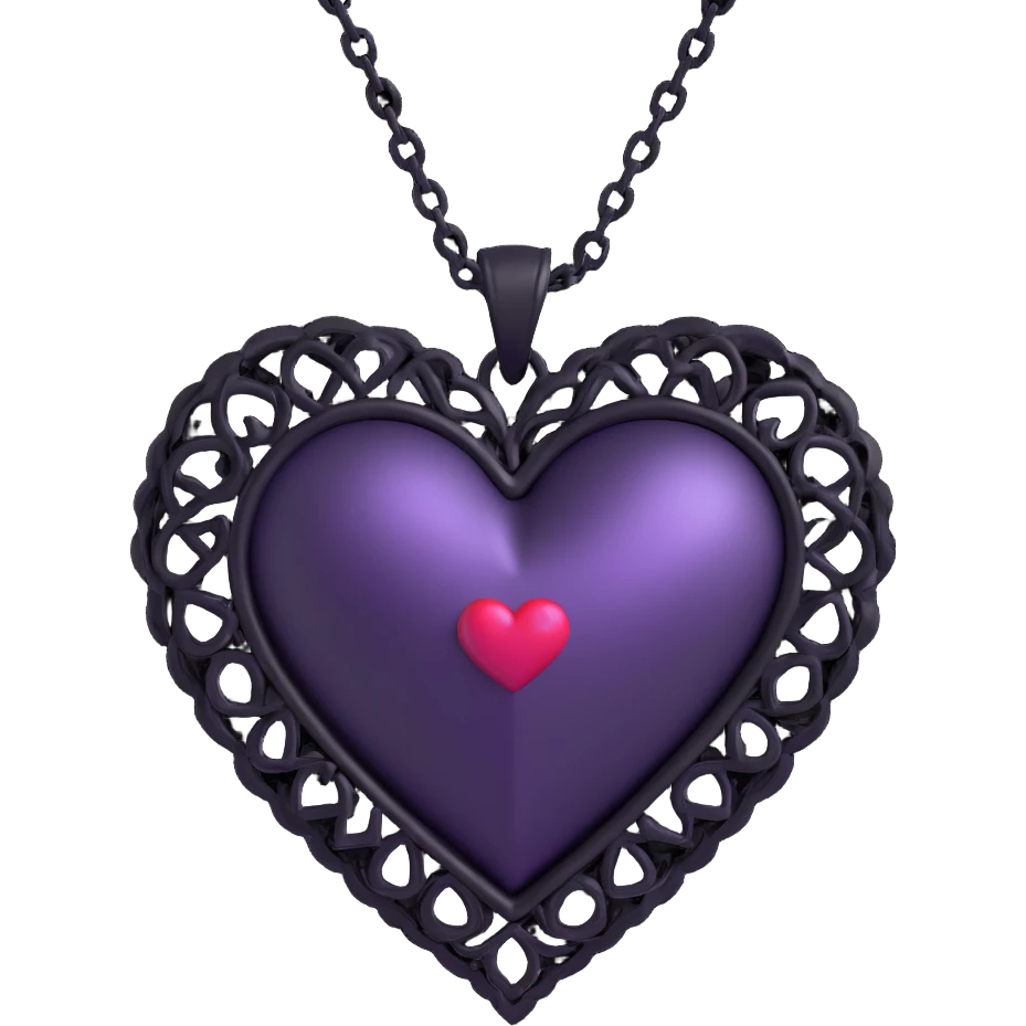 3D emoji gothic heart, deep purple satin, black lace trim, silver chain wrap, moody and ornate emoji