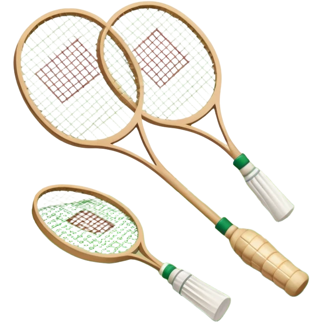 Two crossed badminton rackets with a shuttlecock resting in between, set against the faint outline of a badminton court. The image highlights the tools of the sport, with a subtle emphasis on the court's net and boundaries, symbolizing competition and skill. emoji