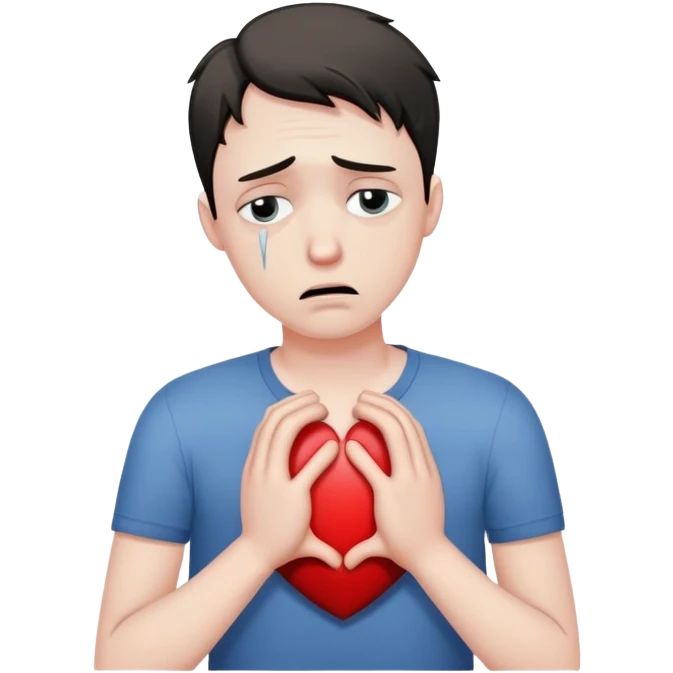 man with anxious attachment style with tears in eyes looking devastated, large broken heart symbol next to him, slumped posture showing emotional pain, hands reaching out desperately despite rejection emoji