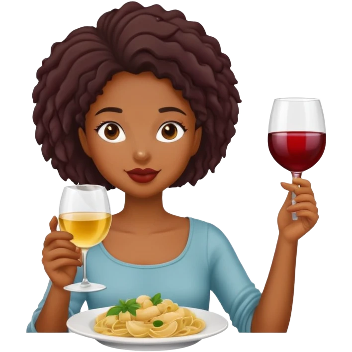 Black girl with glass of wine and eating pasta emoji