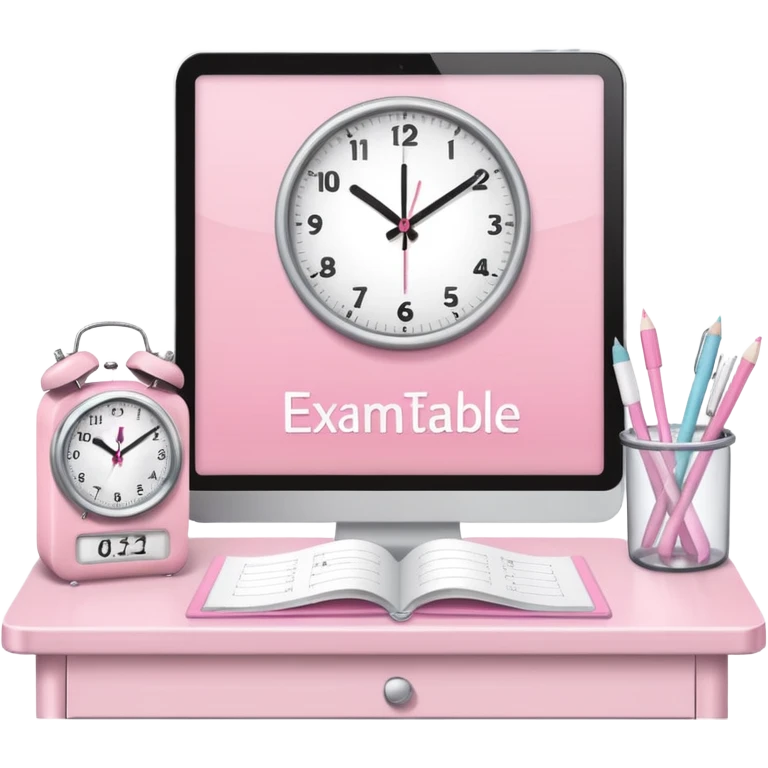 Student desk with pastel pink exam timetable and white clock, clean style emoji