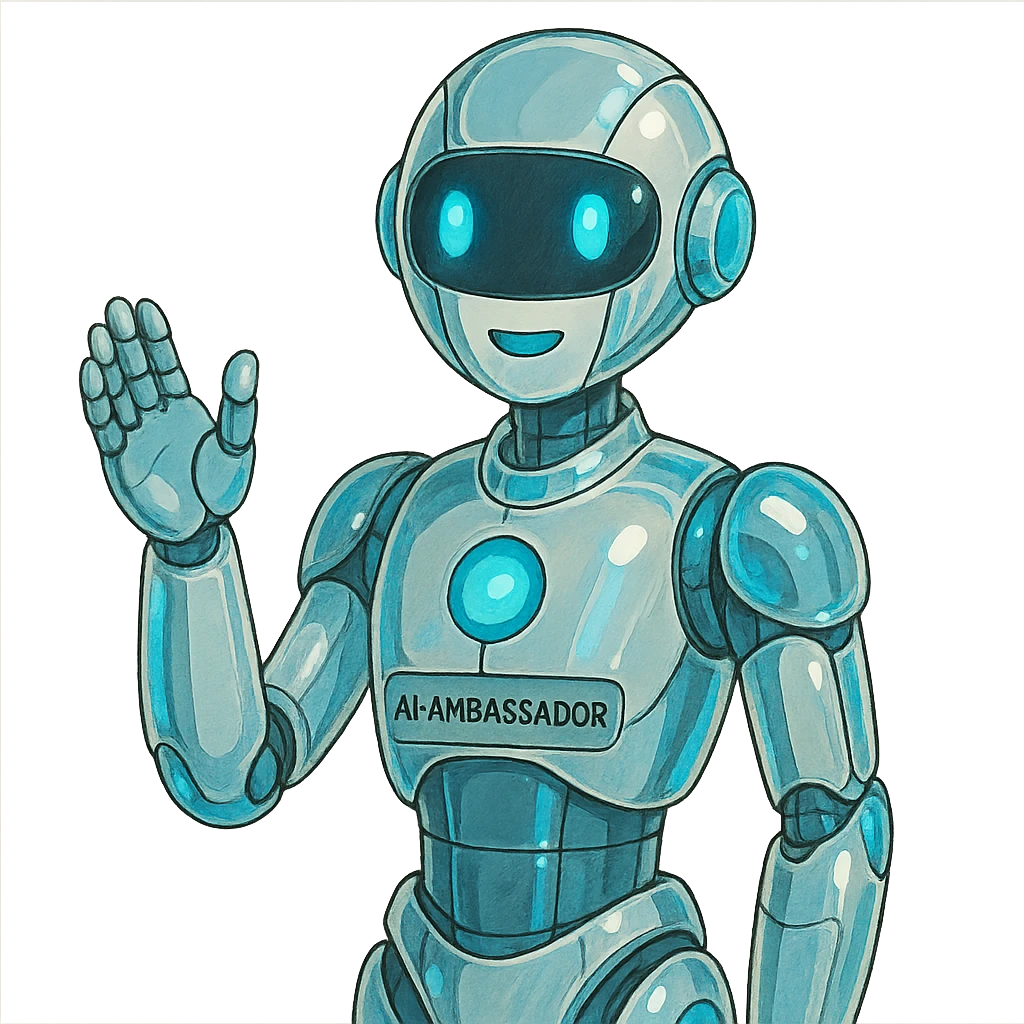futuristic AI-Ambassador character, sleek humanoid robot with glowing blue accents, friendly expression, chrome and glass elements in ghibli style emoji