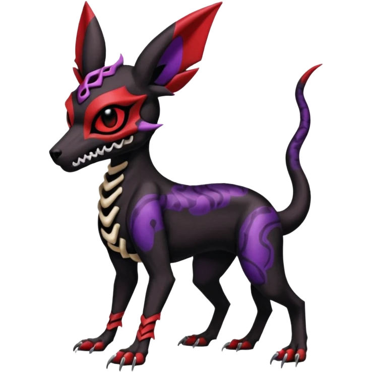 Gothic Black red purple Scaley Exotic Salandit-Umbreon-Houndoom-Fakémon-hybrid-creature (full body), 4 legs, skull face mask emoji