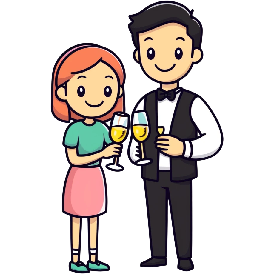 man and girl with sparkling wine glasses, festive mood, cartoon sticker style emoji