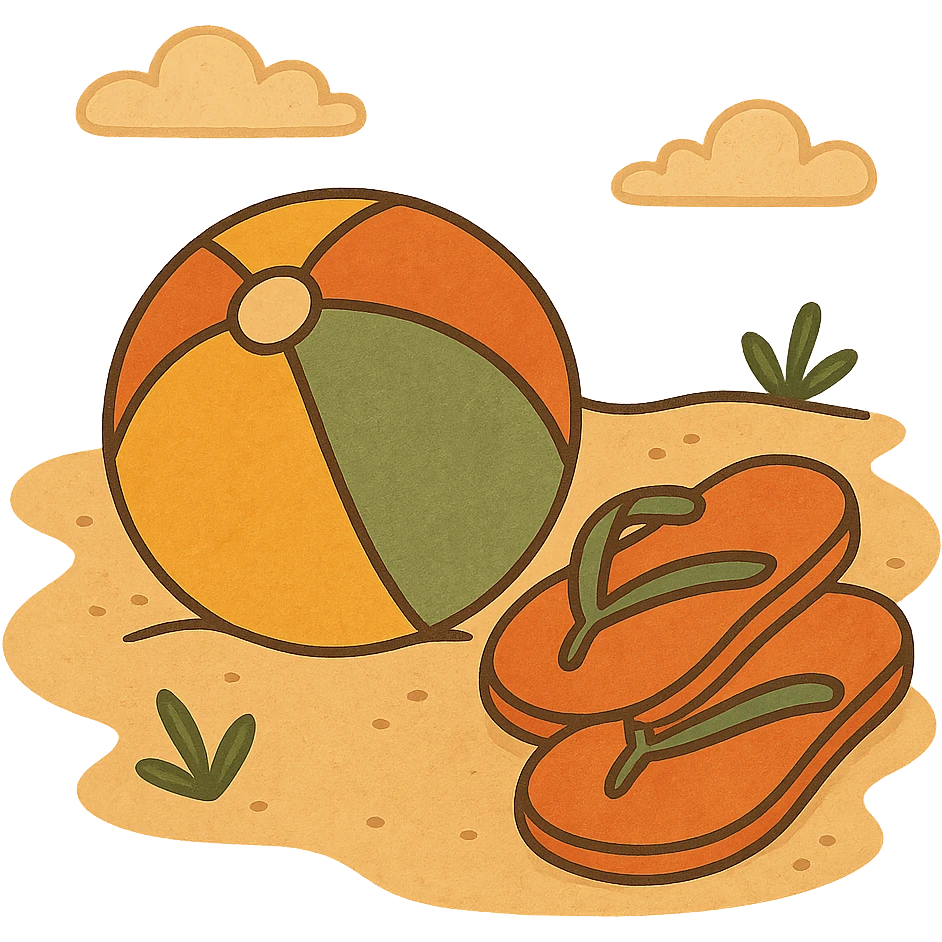 beach ball and flip-flops on sand, vibrant and fun, modern flat style emoji