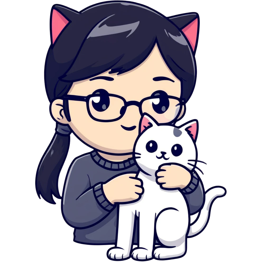 Girl with black hair wearing glasses holding a black and white cat emoji