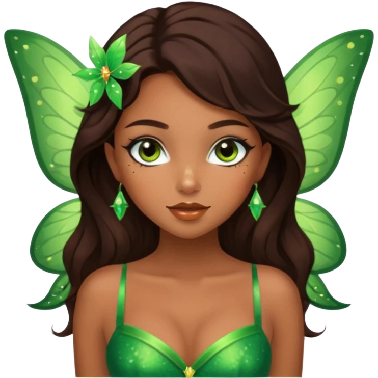 Pretty girl with caramel skin. Dark brown hair and brown eyes. She has freckles. Wearing sexy makeup. Wearing a green fairy costume and heels emoji