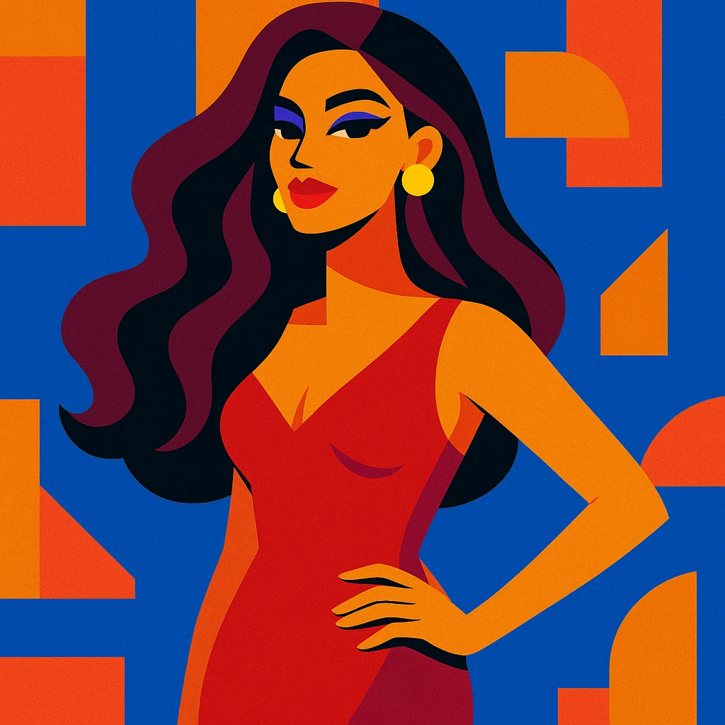 hot girl, glamorous look, long hair, elegant dress, bold colors emoji