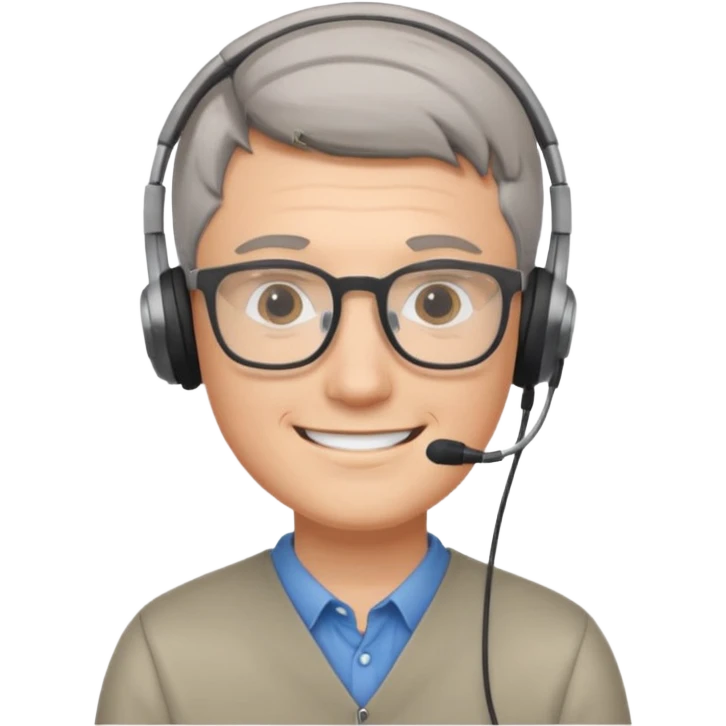 smiling young white man, focused, short gray hair, glasses, small headphones, data analyst emoji