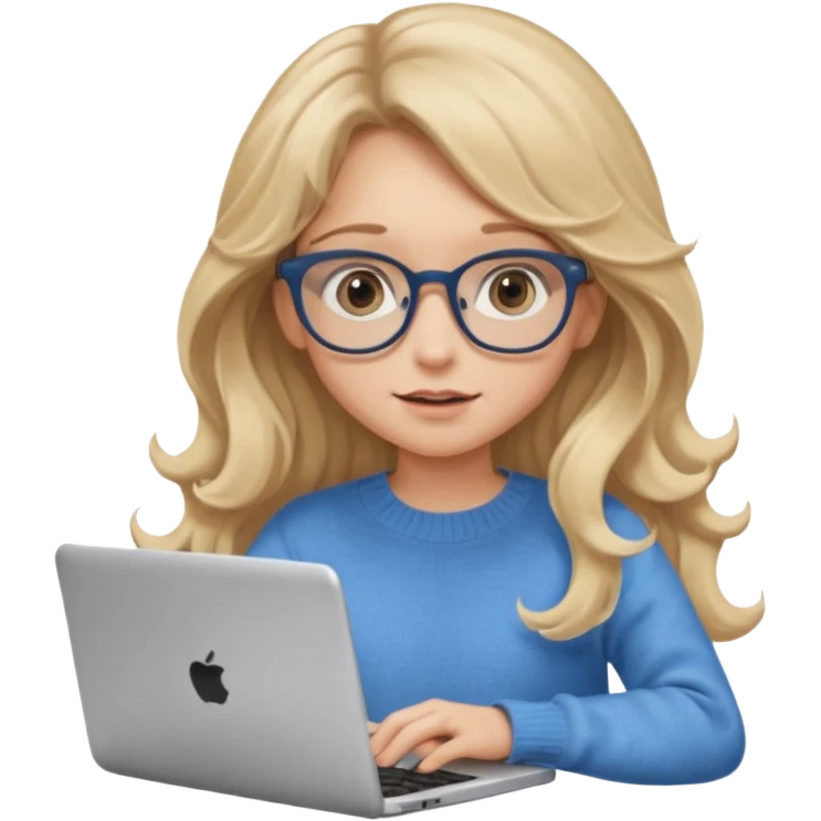 blonde girl with long dark blonde wavy hair, blue big eyes, pantos-style glasses, a brown colored sweater, sitting and looking in laptop, soft pastel, upper body shot emoji
