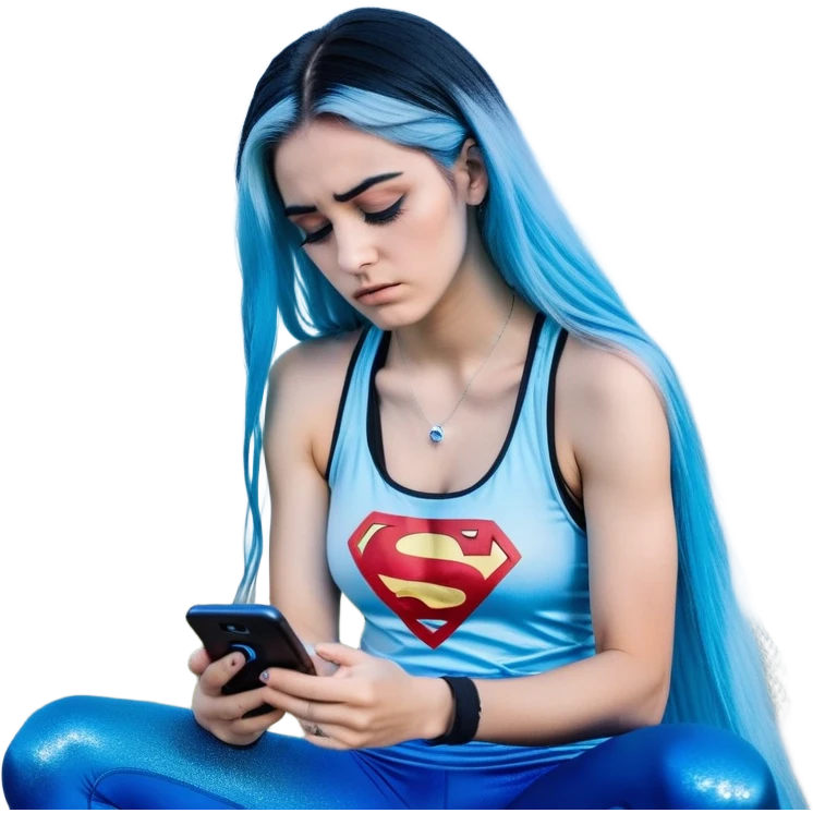 Shameful disappointed crying-very very very very big chest-texting on a samsung cell phone-very long straight flowing black to sky blue hair ombre-blue eyes-black eyeliner-long eyelashes-plastic sparkling sky blue very low cut tank top with sparkling superman logo-black leggings-nike sneakers emoji