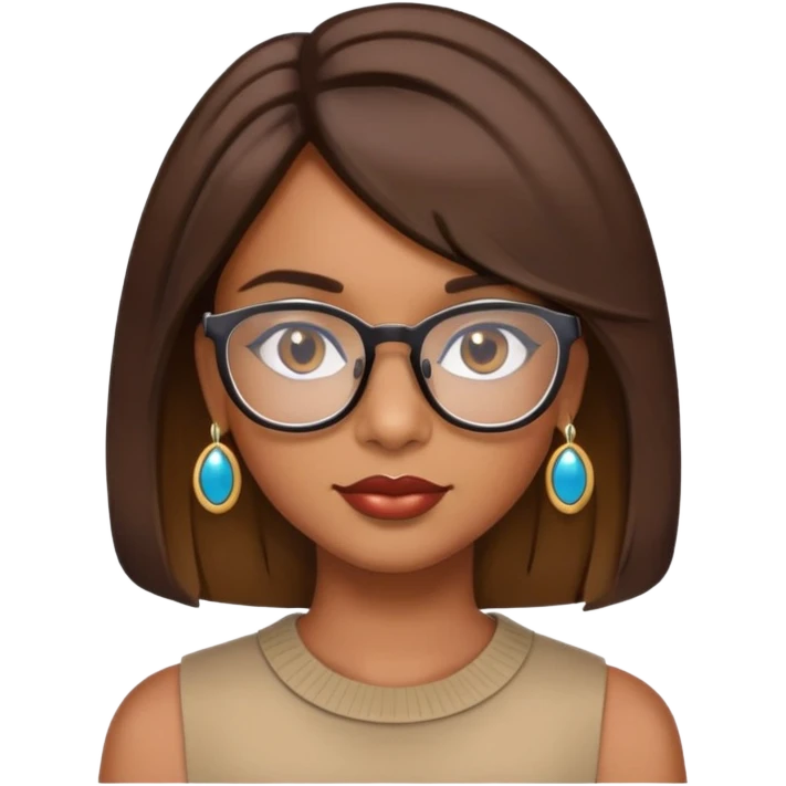 Brown girl with shoulder length bob with layers. She wears glasses and has on earrings and lipgloss emoji