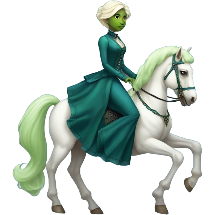 "galora green blonde alien woman" in blue Victorian dress elegant, full body, on white horse emoji