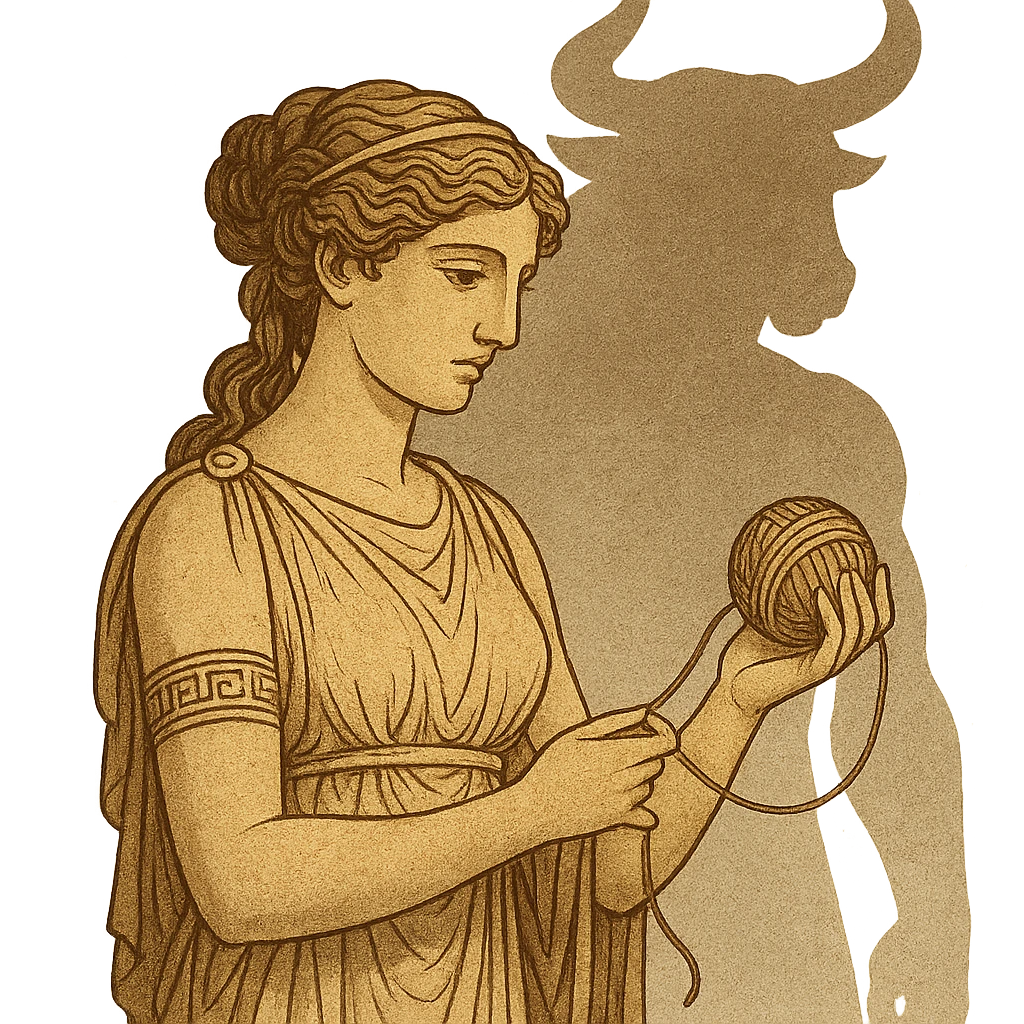 Ariadne, Greek princess, holding thread, with a subtle Minotaur silhouette behind her, ancient myth style emoji