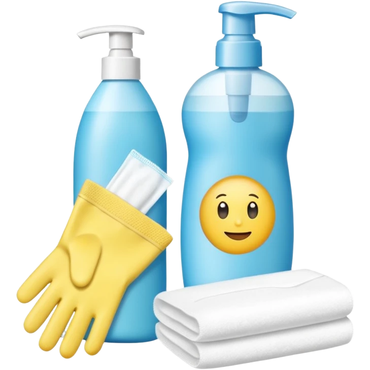 emoji of big (1L) bottle of shampoo, disposable gloves and cotton pads (for makeup) are standing on a table, products look like its always running out, and bran labels to them, make quantity bigger , and i want to see more disposable products emoji