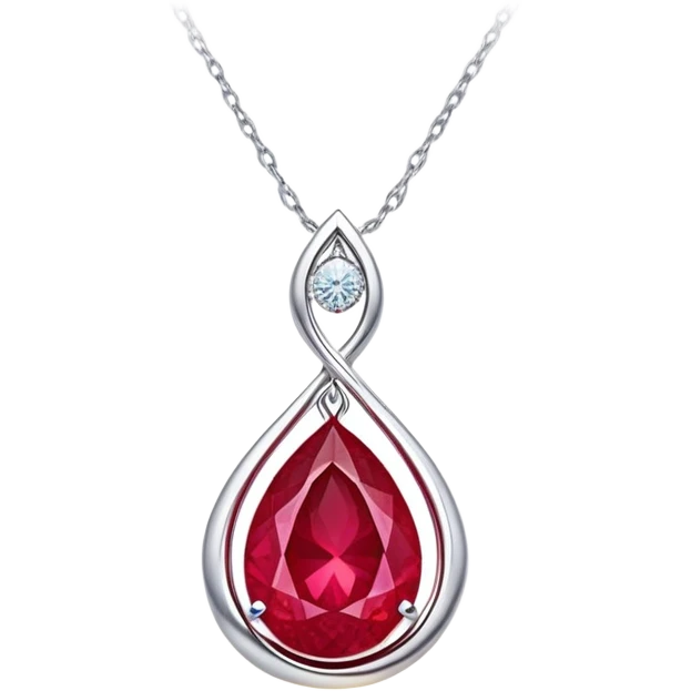 teardrop ruby pendant with delicate silver chain, slightly tilted, inside glowing cosmic embryo surrounded by asymmetrical swirling stardust and fiery trails, radiating ethereal magic emoji