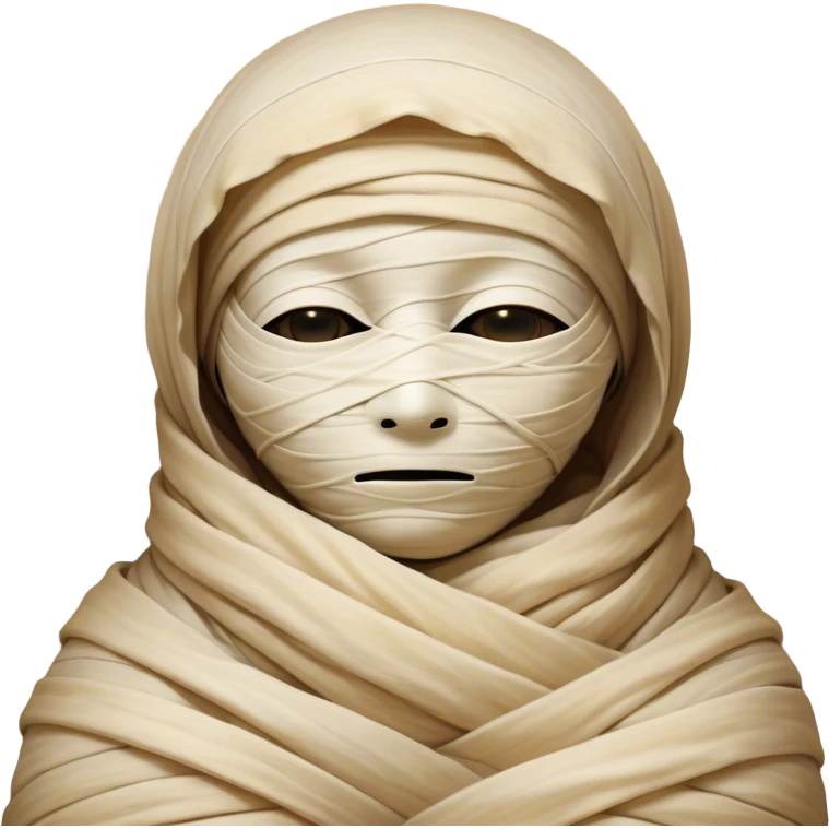 A snug, cozily wrapped mummy, fully encased in soft, slightly loose bandages, even its face gently hidden behind folds with only a tiny glimpse of sleepy eyes, nestled in warm, faded tones with gentle golden accents, simplified yet irresistibly charming, highly detailed with a soft glowing outline capturing the peaceful aura of an ancient being drifting into rest! emoji