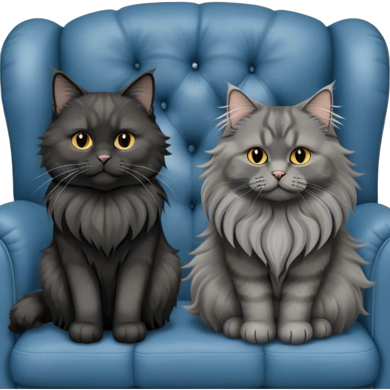 A large black smoke Maine Coon cat with long grey ear tufts and a fluffy grey ruff, sitting next to a chubby British Shorthair cat in blue color with plush fur, both sitting comfortably on a leather sofa. Beautiful room background with flowers and soft lighting. Transparent background. emoji