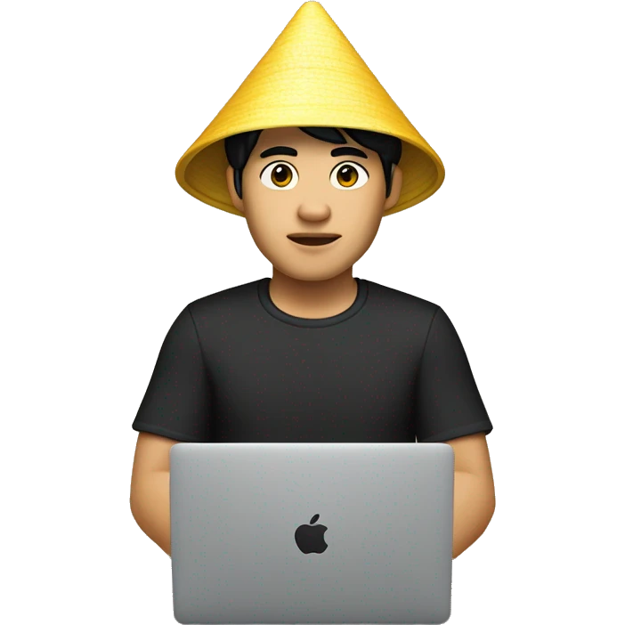 A memoji-style Vietnam man with yellow skin sitting at a desk. He has black hair and is wearing a traditional Vietnamese conical hat and a black shirt. In front of him is a laptop like macbook with a logo styled as '</>' on the back emoji