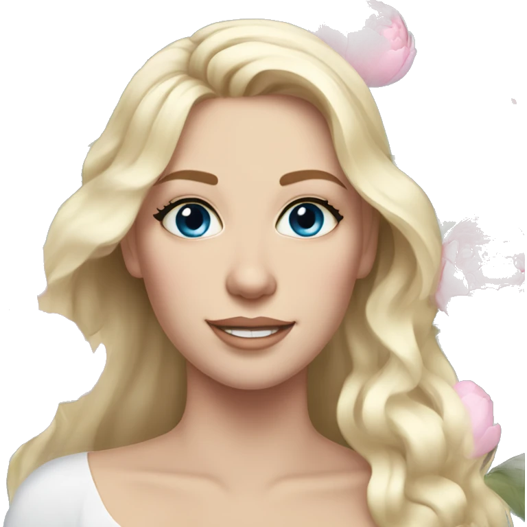White bride with long light blonde hair and blue eyes with light pink peonies in hair white skin  emoji