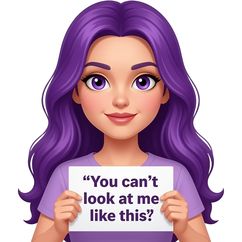 sexy girl with long purple hair and purple eyes holding a You can't LOOK at me like this sign emoji