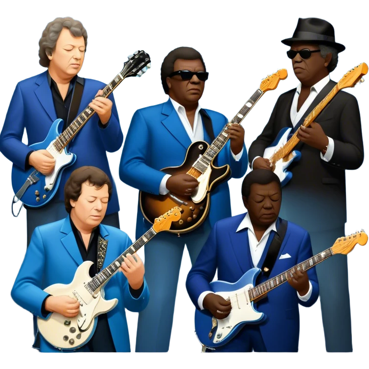 Icon for Blues Music: close-up collage of legendary blues artists. Gary Moore, Eric Clapton, B.B. King and Joe Cocker. Represented by silhouettes or symbolic items like guitars, microphones, or music notes, reflecting the soulful energy of blues music. Transparent background. emoji