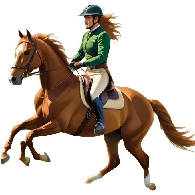 An icon featuring a horse and rider galloping gracefully over a lush green field. The rider is in full gear, guiding the horse with precision. The background shows rolling hills, a clear blue sky, and vibrant sunlight illuminating the scene. Transparent background highlights the elegance emoji