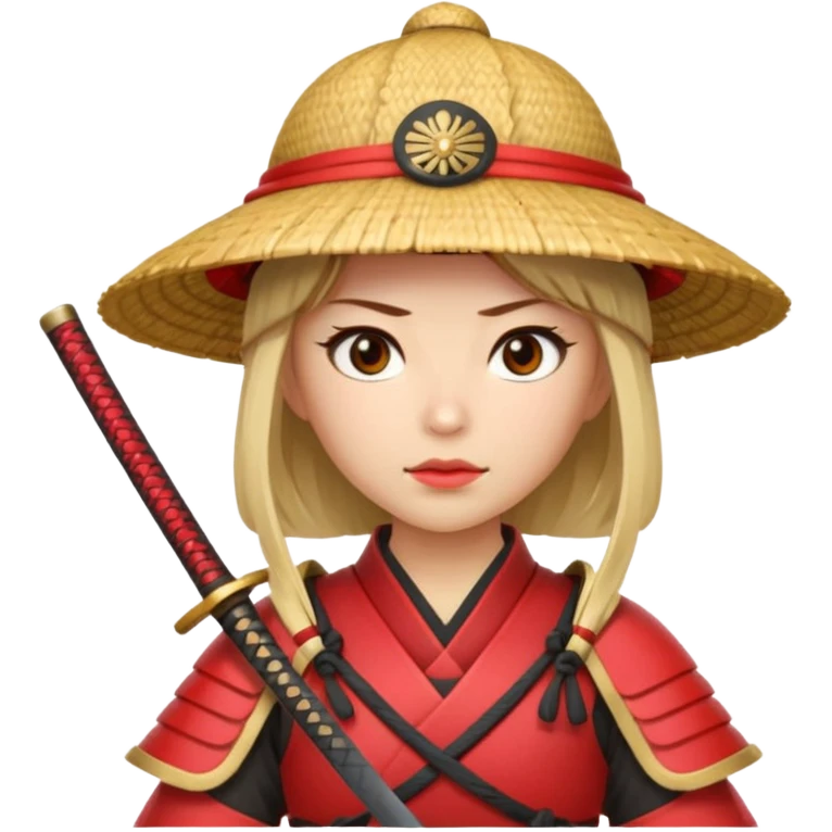 Samurai with straw hat, Warrior in red samurai armor, female, with katana emoji