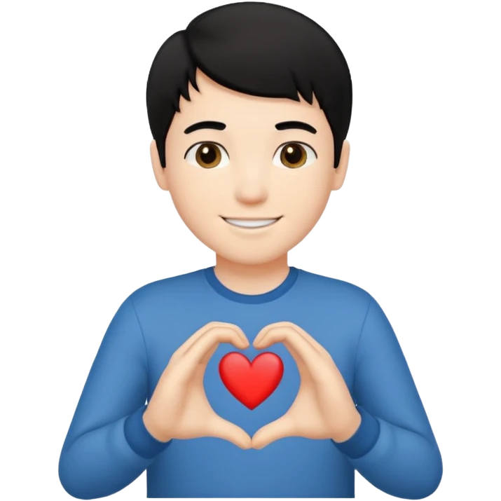 White boy with black hair holding up hands in the shape of a heart emoji