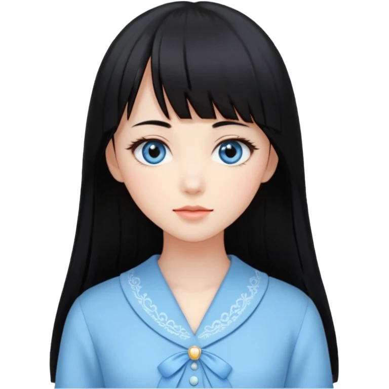 Uma mulher, pele branca, cabelos longos liso preto, franja estilo hime cute, olhos no tom azul celeste, estilo amendoados, cílios delicados longos, usando roupas elegantes emoji